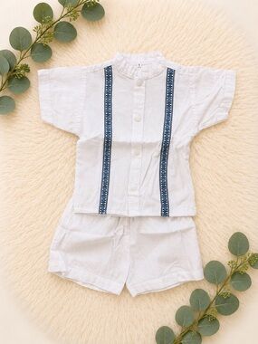 White Baby Two-Piece Set with Navy Embroidered Trim